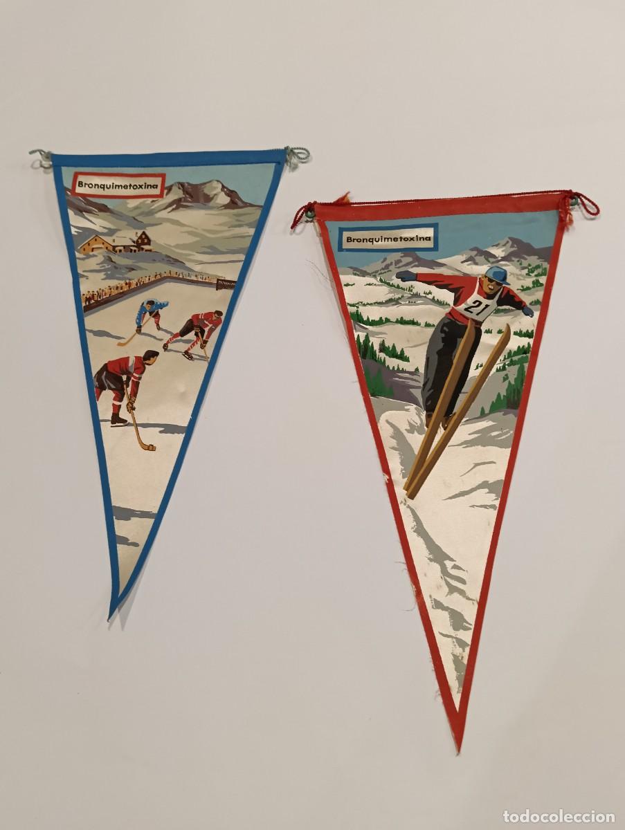 Banderines de colecci&oacute;n: Lote de 2 antiguos banderines publicitarios farmacia / deportes de invierno - Bronquimetoxina (Labor