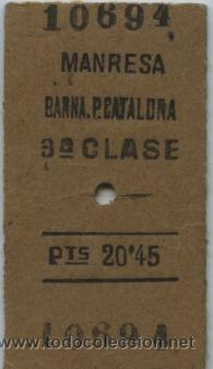 Collectables Transport Tickets: BILLETE DE FERROCARRIL// FERROCARRIL   MANRESA - BARCELONA P. CATALU&Ntilde;A  // EDMONDSON (1956)