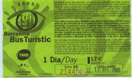 Sammeln von Fahrkarten: (F27//4) BILLETE DE BUS DE BARCELONA // BILLETE DE PAPEL DEL BUS TURISTICO DE UN DIA // 2005