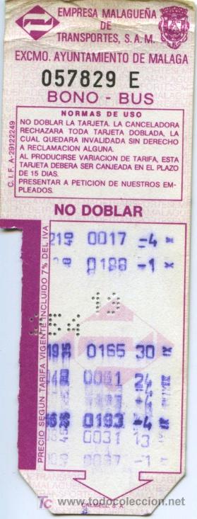 Coleccionismo Billetes de transporte: BILLETE DE BUS DE MALAGA // EMP. MALAGUE&Ntilde;A DE TRANSPORTES,S.A.M. // BONO BUS URBANO MALAGA
