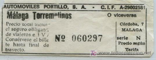 Collectables Transport Tickets: BILLETE DE BUS DE MALAGA // AUTOMOVILES PORTILLO, S.A. // MALAGA - TORREMOLINOS