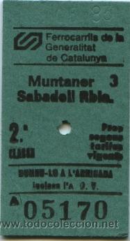 Coleccionismo Billetes de transporte: (F17//11) BILLETE DE FERROCARRIL EDMONDSON // FGC // 2&ordf; CLASE // MUNTANER - SABADELL // 1983
