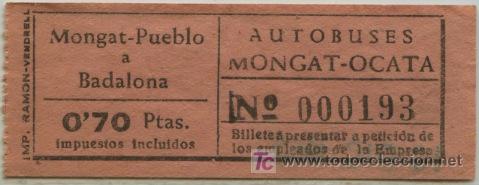Colecionismos Bilhetes de Transporte: BILLETE DE BUS DE MONGAT A OCATA (BARCELONA) // MONGAT - BADALONA // 0,70 PTAS.