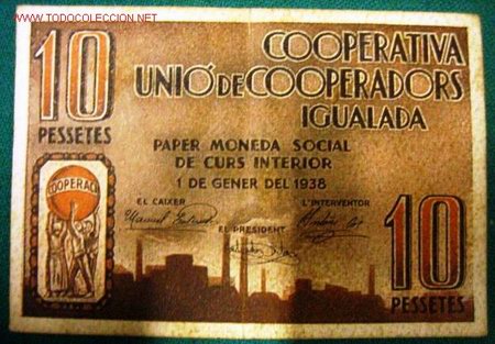 Collectionnisme Billets de transport: Billete de 10 ptas, ''Cooperativa Uni&oacute; de Cooperadors . Igualada'', 1938.