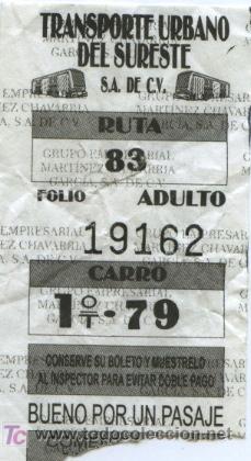 Collectables Transport Tickets: BILLETE DE BUS (MEJICO) // TRANSPORTE URBANO DEL SURESTE, S.A.