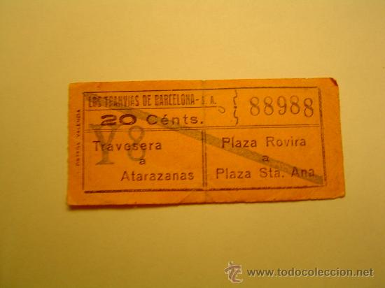 Coleccionismo billetes de transporte: Antiguo billete de tranvias Barcelona 20ctm