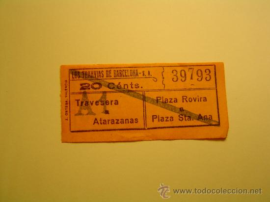 Sammeln von Fahrkarten: Antiguo billete de tranvia Barcelona 20 ctm