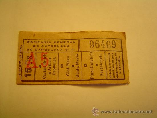 Sammeln von Fahrkarten: Antiguo billete de Compa&ntilde;ia general de Autobuses de Barcelona S.A. 15ctm