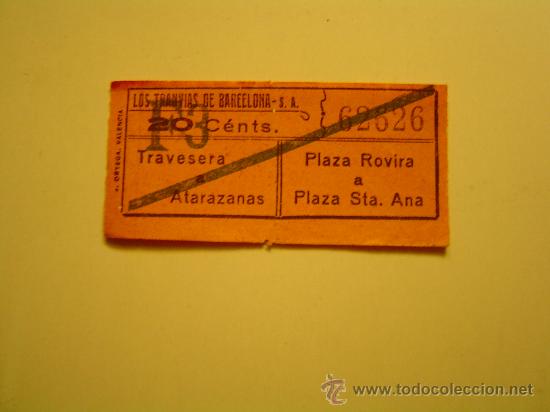 Coleccionismo billetes de transporte: Antiguo billete Tranvia de Barcelona. 20 cents.