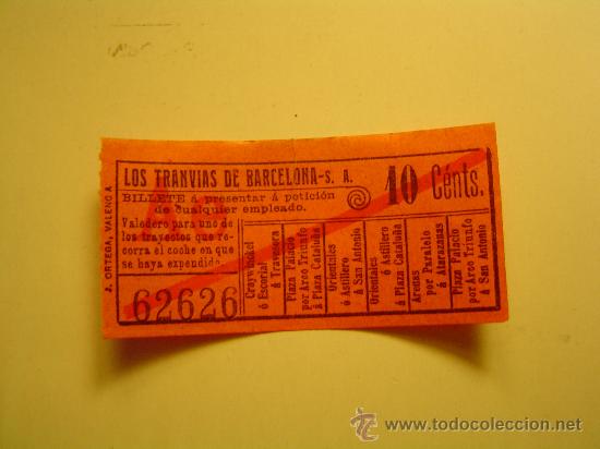 Colecionismos Bilhetes de Transporte: Antiguo billete Tranvia de Barcelona. 10 cents.
