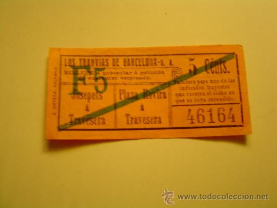Colecionismos Bilhetes de Transporte: Antiguo billete Tranvia de Barcelona. 5 cents.