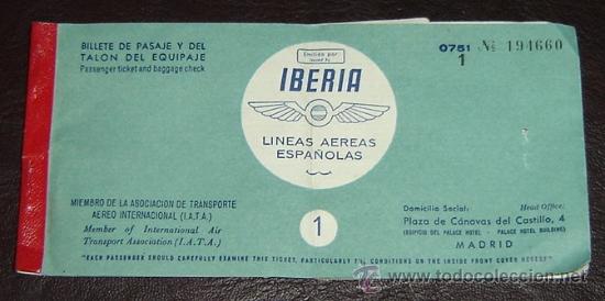Sammeln von Fahrkarten: BILLETE DE PASAJE DE AVION -  IBERIA LINEAS AEREAS ESPA&Ntilde;OLAS a&ntilde;os1950s De Madrid a Barcelona