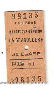 Collectables Transport Tickets: Billete de TREN de carton de 1965- Figueras -BARCELONA Termino - Vell i Bell