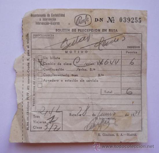 Colecionismos Bilhetes de Transporte: Boletin de Percepcion de Ruta RENFE 1971, Cambio de Clase. Ticket/billete