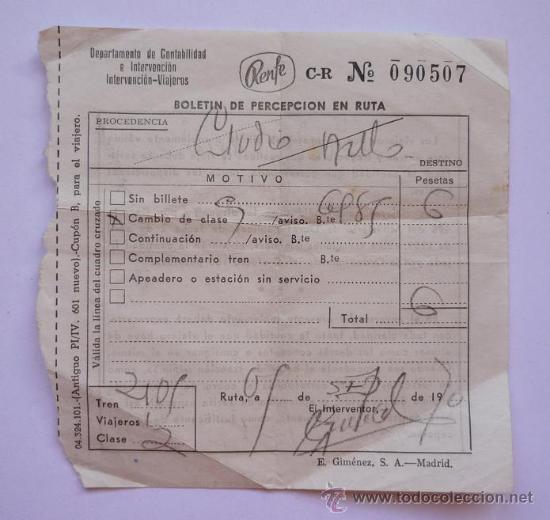 Colecionismos Bilhetes de Transporte: BOLETIN DE PERCEPCION DE RUTA RENFE 1970, CAMBIO DE CLASE. TICKET/BILLETE