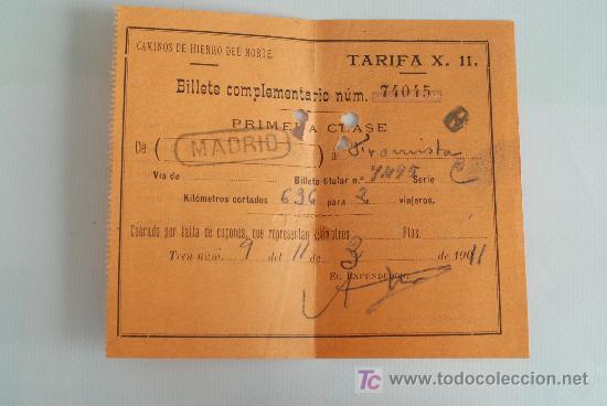 Colecionismos Bilhetes de Transporte: Caminos de Hierro del Norte. Billete Complementario. Madrid-Fr&oacute;mista, 1911.