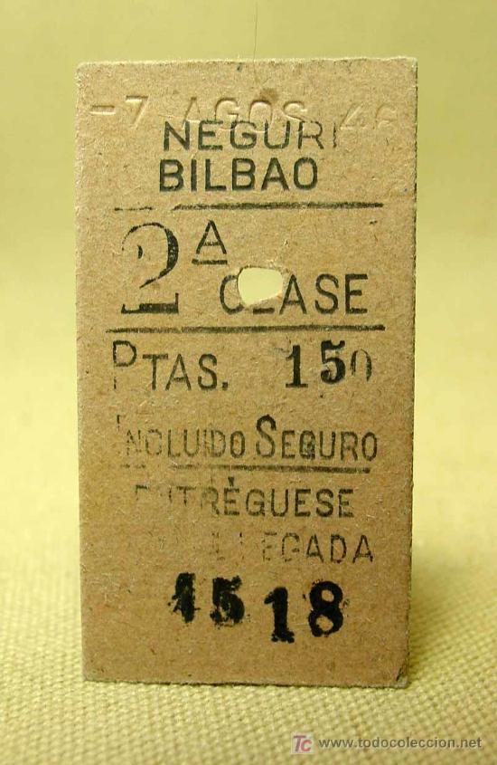 Collectables Transport Tickets: ANTIGUO BILLETE DE TREN, NEGURI - BILBAO, 2&ordf;, SEGUNDA CLASE, 1946