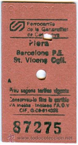 Collectionnisme Billets de transport: BILLETE FERROCARRILS DE LA GENERALITAT DE CATALUNYA - PIERA , BARCELONA , ST. VINCEN&Ccedil; (19-01-1994)