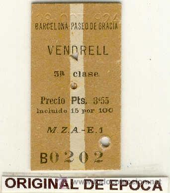 Collectionnisme Billets de transport: (BT-50)BILLETE DE TRANSPORTE DE CARTON A&Ntilde;OS 20 BARCELONA-VENDRELL
