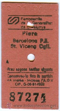 Collectionnisme Billets de transport: BILLETE FERROCARRILS DE LA GENERALITAT DE CATALUNYA - PIERA , BARCELONA , ST. VINCEN&Ccedil; (19-01-1994)