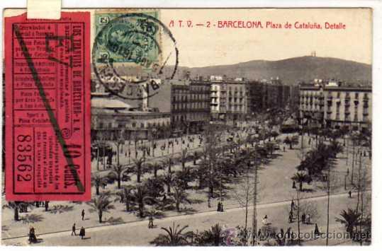 Coleccionismo Billetes de transporte: Los tranvias de Barcelona. 10 cts. Pegado a una postal ATV n&ordm; 2. Plaza de Catalu&ntilde;a. Detalle.