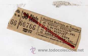 Coleccionismo Billetes de transporte: Billete original. Sociedad madrile&ntilde;a de tranvias. Ventas rosales, etc. 49 CU. 30 cts.