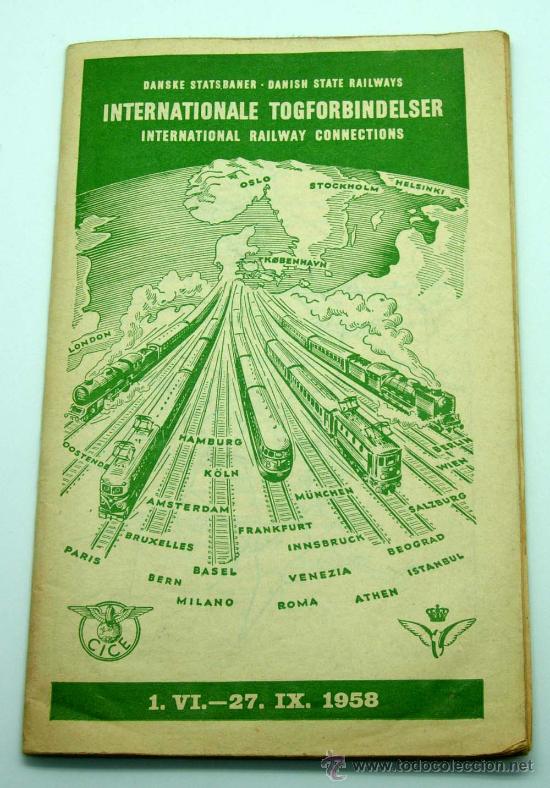 Coleccionismo billetes de transporte: Conexiones Internacionales tren ferrocarril Dinamarca Danish International Railway Connections 1958