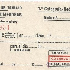 Coleccionismo Billetes de transporte: AJ7.BILLETE PARA FAMILIAS NUMEROSAS TREN 1ª CATEGORIA. Lote 27081966