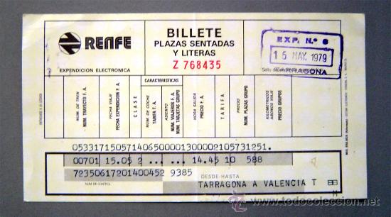 Sammeln von Fahrkarten: BILLETE TREN RENFE - TARRAGONA A VALENCIA - 1979