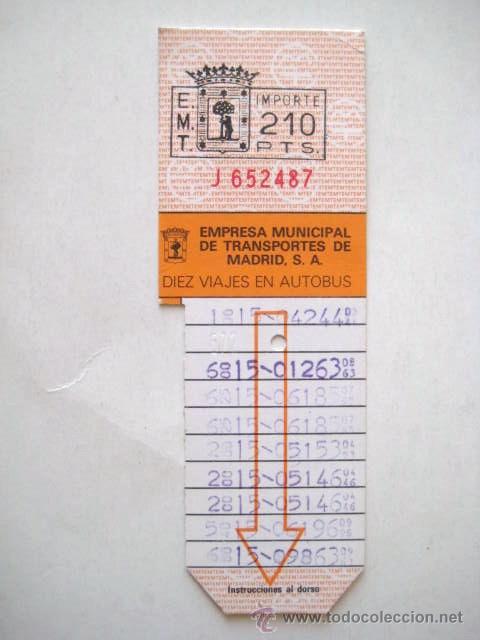 Collectables Transport Tickets: BONO BUS DE MADRID. PRECIO 210 PESETAS. A&Ntilde;OS 80 .. ENVIO  GRATIS&iexcl;&iexcl;&iexcl;