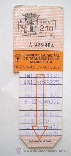 Collectables Transport Tickets: BONO BUS DE MADRID. PRECIO 210 PESETAS. A&Ntilde;OS 80 .. ENVIO  GRATIS&iexcl;&iexcl;&iexcl;