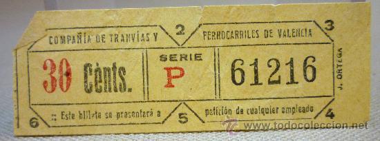 Colecionismos Bilhetes de Transporte: RARO BILLETE DE TRANVIA VALENCIA, 30 CENTIMOS, SERIE P, 61216 CAPICUA