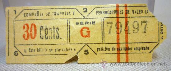 Colecionismos Bilhetes de Transporte: RARO BILLETE DE TRANVIA VALENCIA, 30 CENTIMOS, SERIE G, 79497 CAPICUA