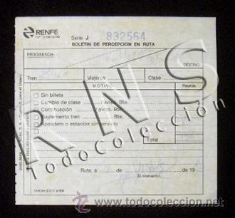 Coleccionismo Billetes de transporte: ANTIGUO BOLET&Iacute;N DE TREN PERCEPCI&Oacute;N EN RUTA - RENFE TREN FERROCARRIL TRANSPORTE T&Iacute;QUET TICKET BILLETE