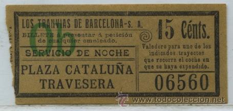 Colecionismos Bilhetes de Transporte: (F11//6) GSC 065 LTDB - BILLETE NOCTURNO DE LOS TRANVIAS DE BARCELONA / 15 CTS.