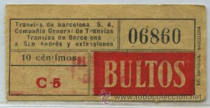Colecionismos Bilhetes de Transporte: (F10//8) GSC 068 BCN - BILLETE DE BULTOS DE TRES COMPA&Ntilde;IAS DE TRANVIAS DE BARCELONA