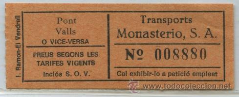 Colecionismos Bilhetes de Transporte: GSC 088 BILLETE DE AUTOBUSES DE TRANSPORTES MONASTERIOS