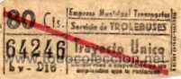 Coleccionismo Billetes de transporte: Billete Tranvia. Trolebuses. E M T. 80 cts 64246 b v - D 16. Trayecto Unico Madrid.
