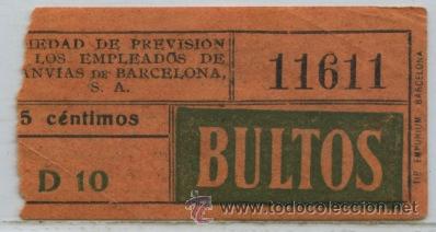 Colecionismos Bilhetes de Transporte: (F20//3 ) GSC 116 BCN - BILLETE BULTOS DE TRANVIAS DE BARCELONA