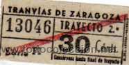 Collectables Transport Tickets: Tranvias de Zaragoza. 13046. Serie FI 30 Cent. Trayecto 2&ordm;.