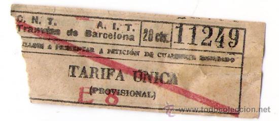 Coleccionismo Billetes de transporte: TRANVIAS DE BARCELONA  C.N.T. - A.I.T.  EN CATALAN Y DORSO CASTELLANO  -20 CTS.