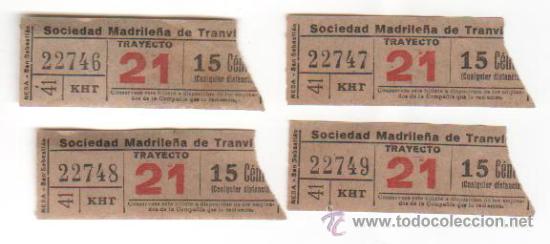 Collectionnisme Billets de transport: Lote de 4 Billetes de la Sociedad Madrile&ntilde;a de Tranv&iacute;as. Ver foto, los n&uacute;meros son consecutivos.