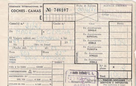 Colecionismos Bilhetes de Transporte: COMPA&Ntilde;IA INTERNACIONAL DE COCHES CAMAS - A&Ntilde;O.1974