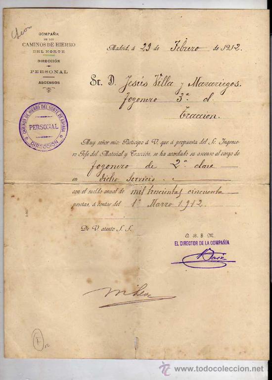 Collectables Transport Tickets: Documento compa&ntilde;ia de los Caminos de hierro del norte. Ascenso a Fogonero de 2&ordf; clase. Tren.