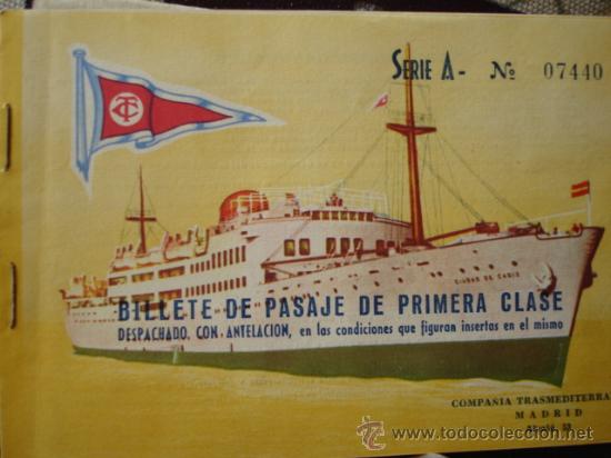 Colecionismos Bilhetes de Transporte: BILLETE PASAJE 1&ordf; CLASE TRANSMEDITERRANEA.1959