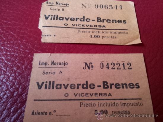 Sammeln von Fahrkarten: BILLETES AUTOBUS VILLAVERDE - BRENES. SEVILLA. EMPRESA NARANJO