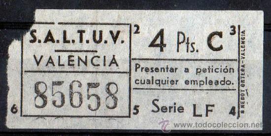 Collectables Transport Tickets: BILLETE SALTUV, VALENCIA, CAPICUA N&ordm; 85658, 4 PESETAS, VER FOTO (1)