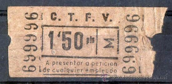 Collectables Transport Tickets: BILLETE DE TRANSPORTE, C.T.F.V.,  CAPICUA N&ordm; 699996, 1,5 PESETAS, VER FOTO (1)