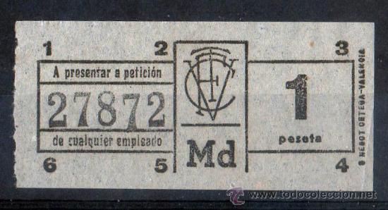 Collectables Transport Tickets: BILLETE DE TRANSPORTE, VALENCIA, CAPICUA N&ordm; 27872, 1 PESETA, VER FOTO (1)