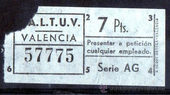 Collectables Transport Tickets: BILLETE SALTUV, VALENCIA, CAPICUA N&ordm; 57775, 7 PESETAS, VER FOTO (1)